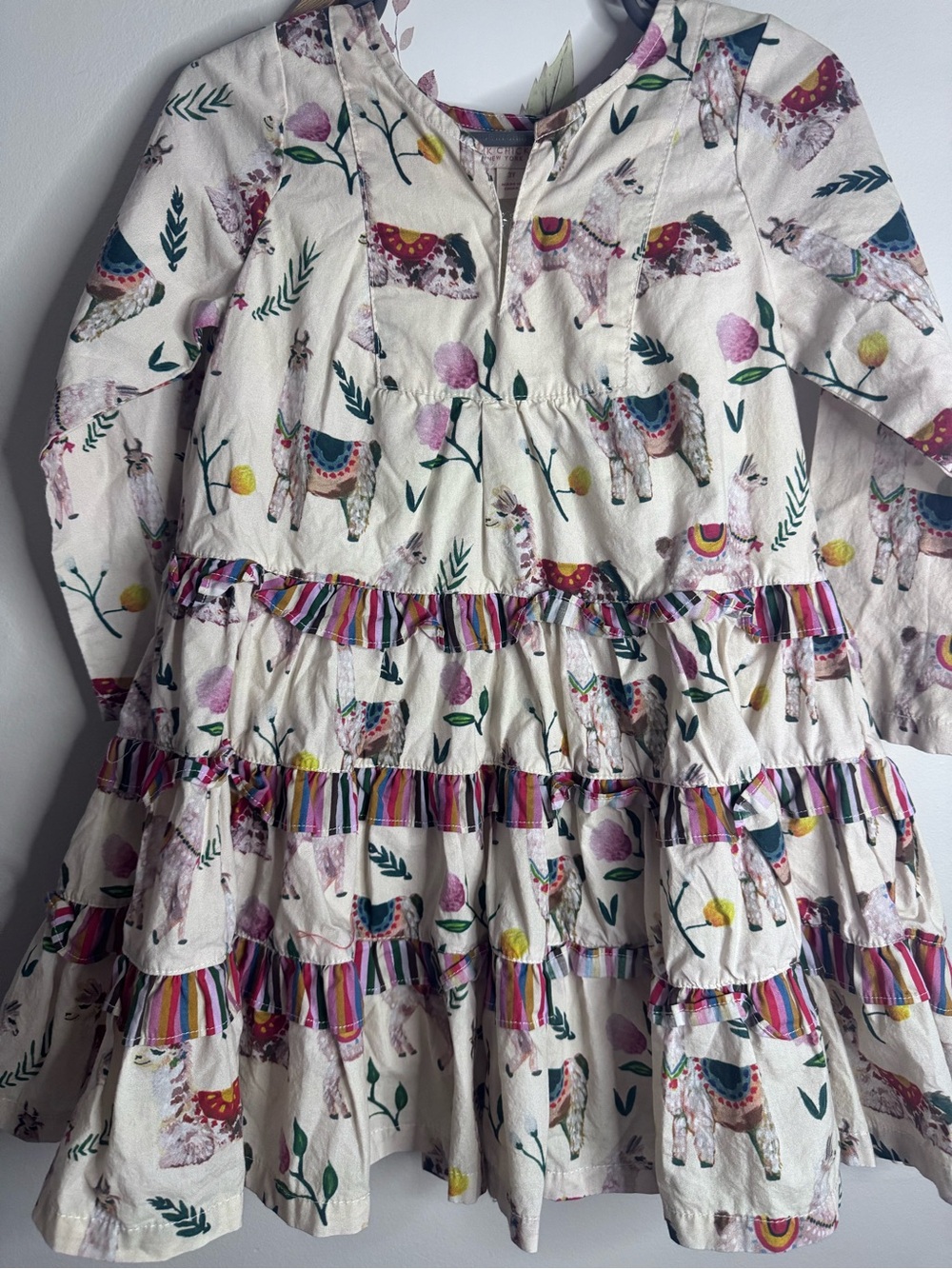 Pink chicken Girls Cream Llama Print Tiered Dress 3y